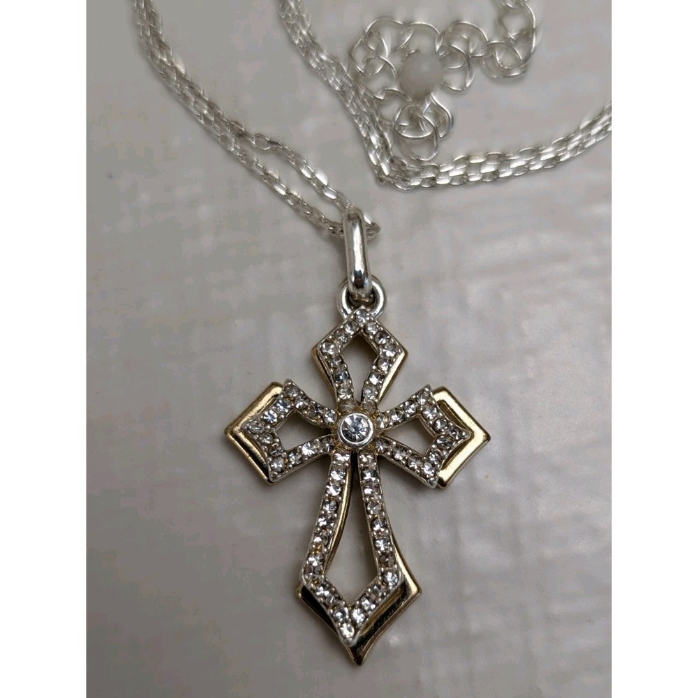 Vintage Avon Rhinestone Cross Pendant Necklace‎ Gold Tone Religious